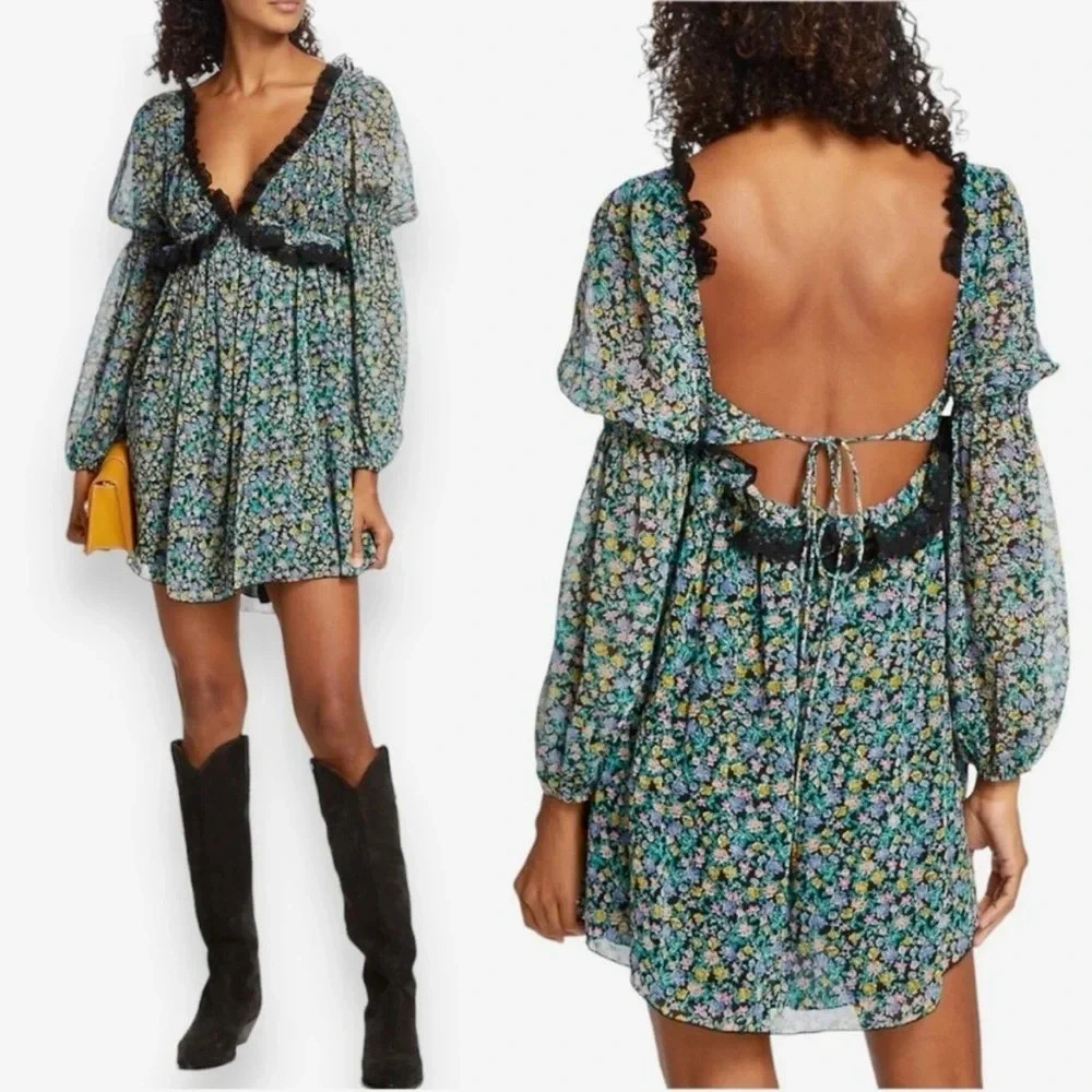 Free People Floral Blue and Black Dress